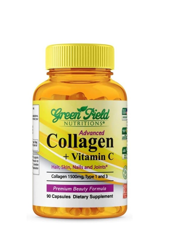 GREEN FIELD NUTRITIONS Collagen Peptides 1500 mg Type I & III, with Vitamin C 300 mg for Hair Skin Nails & Joints 90 Caps 30 Servings - Image 1