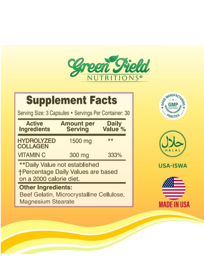 GREEN FIELD NUTRITIONS Collagen Peptides 1500 mg Type I & III, with Vitamin C 300 mg for Hair Skin Nails & Joints 90 Caps 30 Servings - Image 2