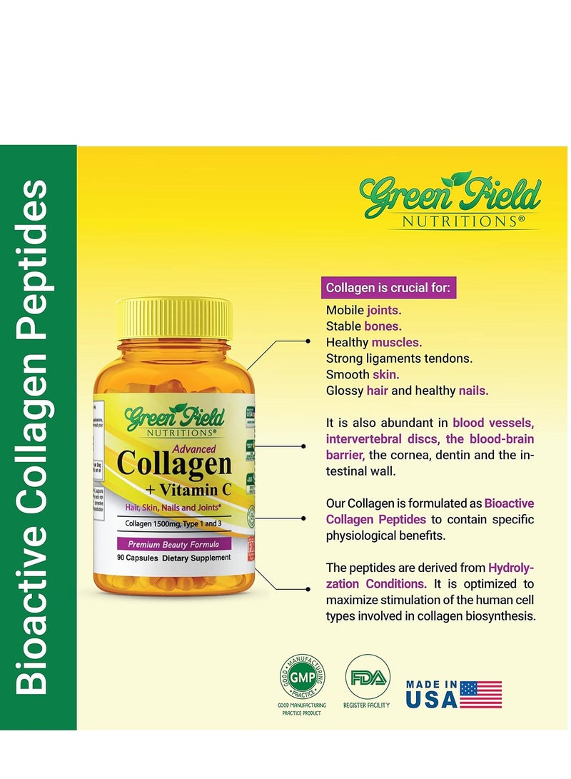 GREEN FIELD NUTRITIONS Collagen Peptides 1500 mg Type I & III, with Vitamin C 300 mg for Hair Skin Nails & Joints 90 Caps 30 Servings - Image 3