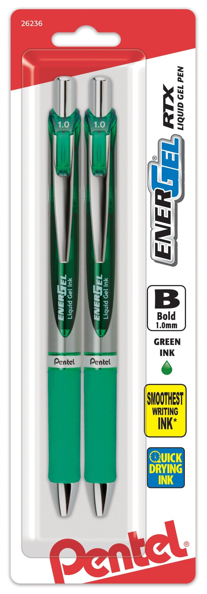 Pentel قلم جيل سائل قابل للسحب من بنتل إنرجل، (1.0 مم)، خط عريض، طرف معدني، حبر أخضر، عبوة من 2 (BL80BP2D) - Image 1