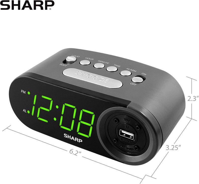 SHARP ساعة منبه رقمية سهلة القراءة مع منفذ شحن USB عالي السرعة 2 أمبير - اشحن هاتفك، جهازك اللوحي بشحن سريع! عملية بسيطة وسهلة الاستخدام، أسود - LEDs خضراء - Image 5