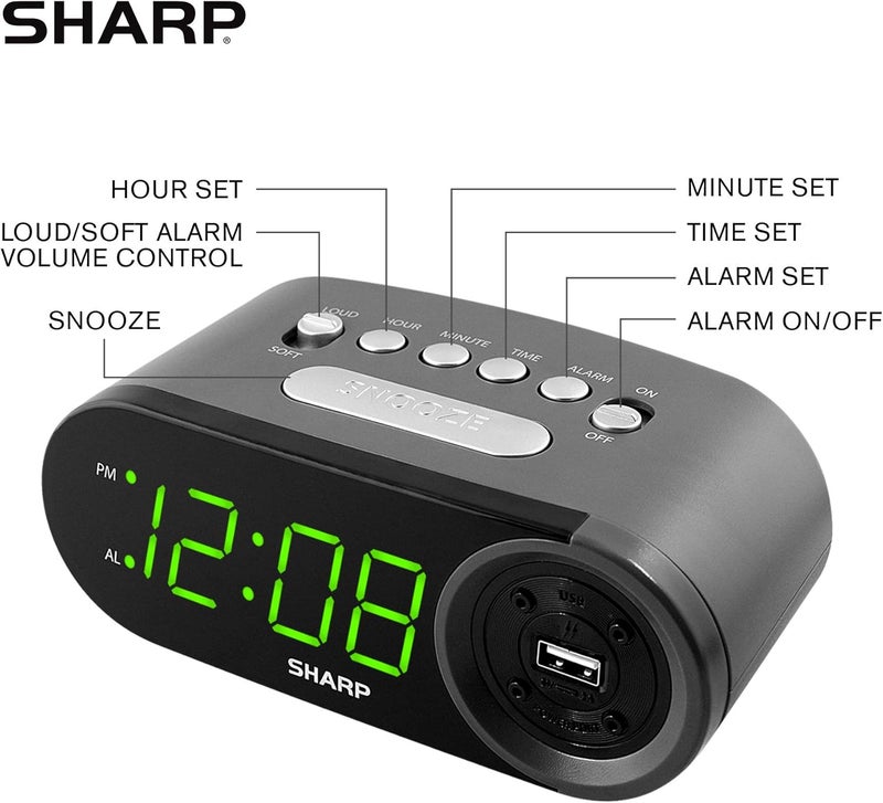 SHARP ساعة منبه رقمية سهلة القراءة مع منفذ شحن USB عالي السرعة 2 أمبير - اشحن هاتفك، جهازك اللوحي بشحن سريع! عملية بسيطة وسهلة الاستخدام، أسود - LEDs خضراء - Image 4