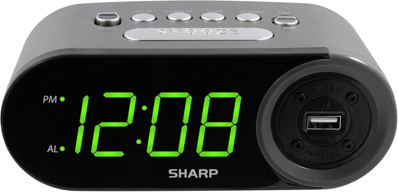 SHARP ساعة منبه رقمية سهلة القراءة مع منفذ شحن USB عالي السرعة 2 أمبير - اشحن هاتفك، جهازك اللوحي بشحن سريع! عملية بسيطة وسهلة الاستخدام، أسود - LEDs خضراء - Image 1