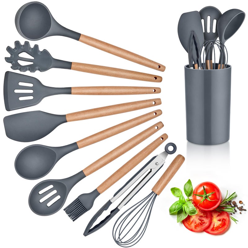 Herogo Kitchen Utensils Set with Holder 10 Pieces Silicone Cooking Utensil with Wooden Handle Heat Resistant  NonStick Cooking Spatula Turner Tong Gadgets Utensil Set  Grey