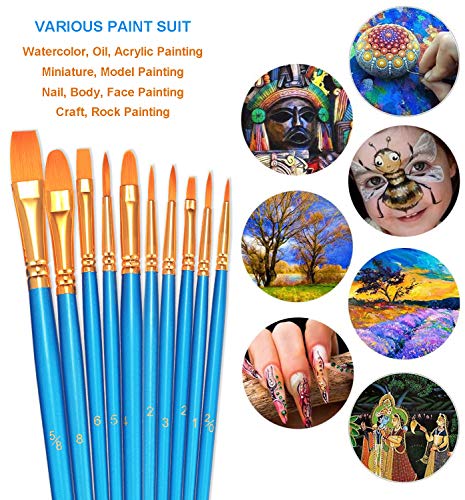 BOSOBO Paint Brush Sets, 10 Pack 100 Pcs Pointed-Round Tip Paintbrushes Nylon Hair Artist Acrylic Paint Brushes for Acrylic Watercolor Oil, Face Art, Model, Miniature Detailing & Rock Painting, Blue - Image 3
