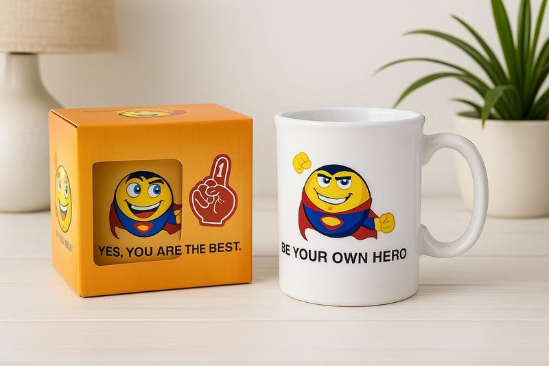 Fitto White Ceramic Mug with Superhero Emoji Print, 350ml Coffee Cup, Fun Design for Home or Office - Image 2