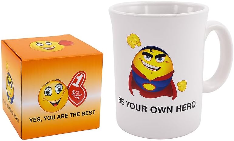 Fitto White Ceramic Mug with Superhero Emoji Print, 350ml Coffee Cup, Fun Design for Home or Office - Image 1