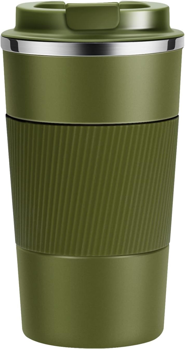THE VENTI Travel Mug,Insulated Coffee Cup With Leakproof Lid,Vacuum Insulation Stainless Steel Reusable For Hot Cold Coffee,Water And Tea,Thermal Mug With Non-Slip Protectivecover,510Ml (Army Green) - Image 1