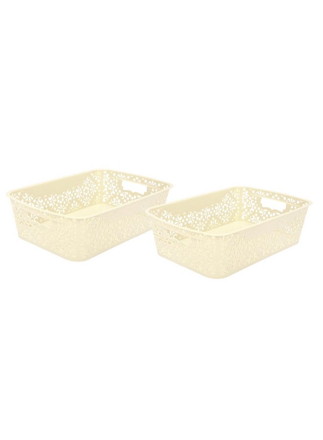 SIMPARTE Turkish Basket Medium Plastic Organizer Durable with Handles for Closet, Bathroom, Kitchen - Multipurpose Storage for Toys, Pantry Items, Clothes (Set of 2, Cream) - Image 1