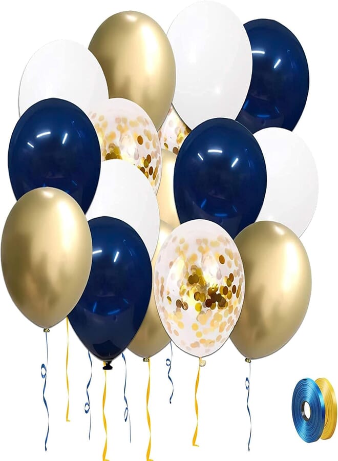 Secret Navy Blue and Gold Confetti Balloon ,50 Pack 12 inch White and Gold Metallic Balloon ,Latex Party Balloon Set with Gold Ribbon and Blue Ribbon for Birthday Wedding Party Decoration
