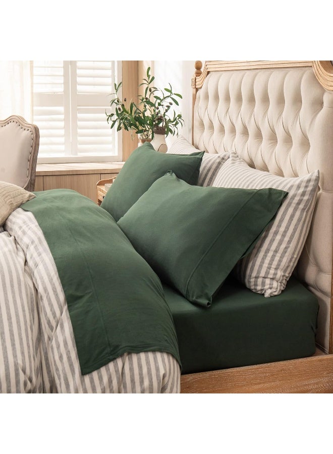 PURE ERA Jersey Knit 4pc Bed Sheet Set 100% T-Shirt Cotton Super Soft Comfy Breathable Fits Mattress Up to 20" Extra Deep Pocket (Solid Forest Green, King)  - Image 1