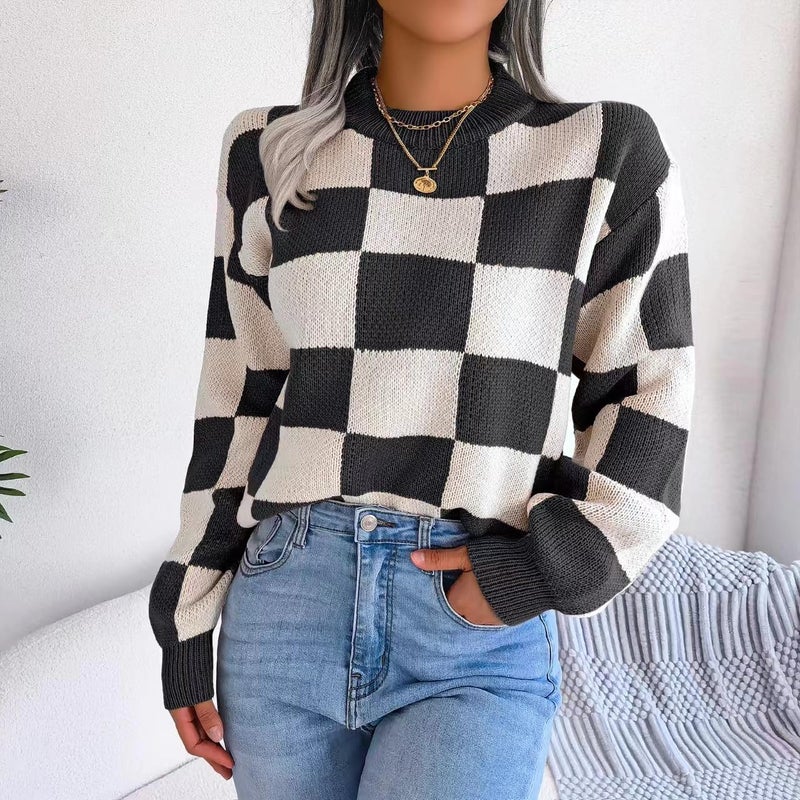 Sumleno Women's Color Block Checkered Crew Neck Long Sleeve Y2K Plaid Knitted Pullover Sweater Tops Vintage Preppy Style Knitwear (Black,L) - Image 4