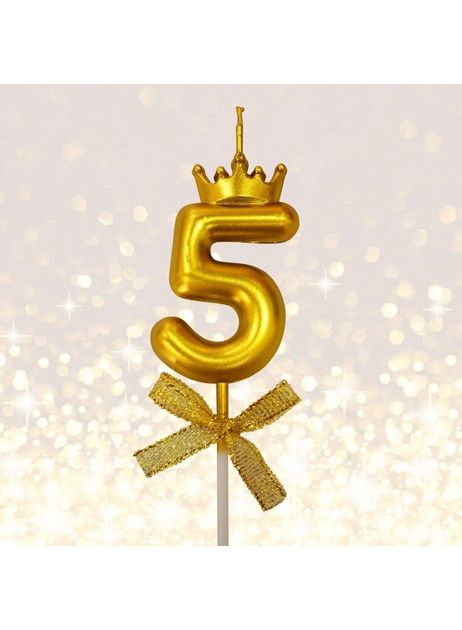 FI - FLICK IN FI - FLICK IN 1 Pc 5 Number Candle for Birthday Cake Metallic Gold Number Five Candle with Crown on Top for Anniversary Cake Topper 5th Birthday Cake Decoration 0-9 Number Candles (Pack of 1, Gold)  - Image 1