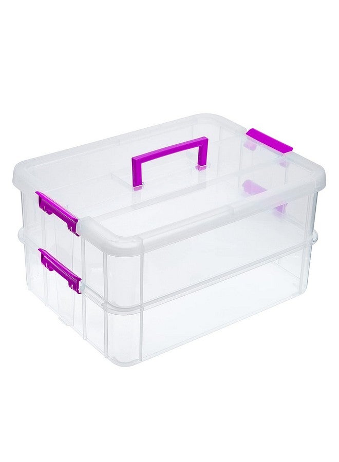 JUXYES 2Tiers Stack Carry Storage Box With Handle Transparent Stackable Storage Bin With Handle Lid Latching Storage Container For School & Office Supplies - Image 1