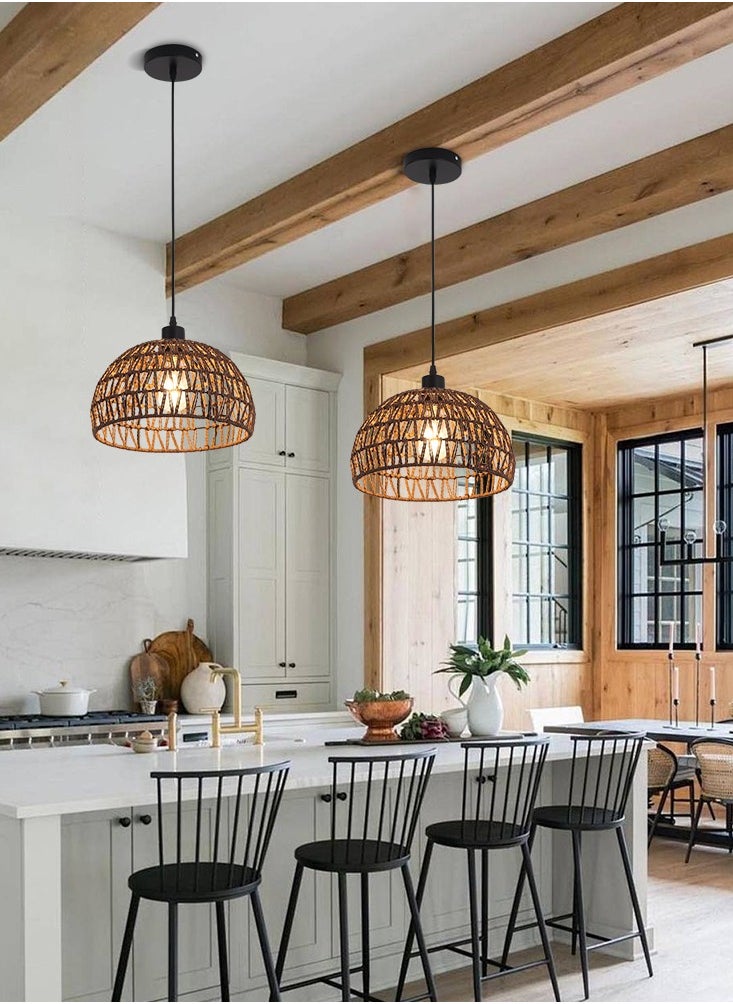 Ganeed - Boho Chandelier Light Fixture, Farmhouse Rattan Pendant Light, Woven Rope Lampshade Rustic Cage Hanging Lamp, E27 Semi Flush Mount Ceiling Light for Kitchen Island Living Dining Room Bedroom - Image 1