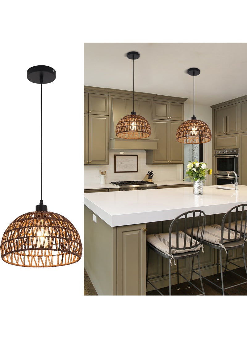 Ganeed - Boho Chandelier Light Fixture, Farmhouse Rattan Pendant Light, Woven Rope Lampshade Rustic Cage Hanging Lamp, E27 Semi Flush Mount Ceiling Light for Kitchen Island Living Dining Room Bedroom - Image 1