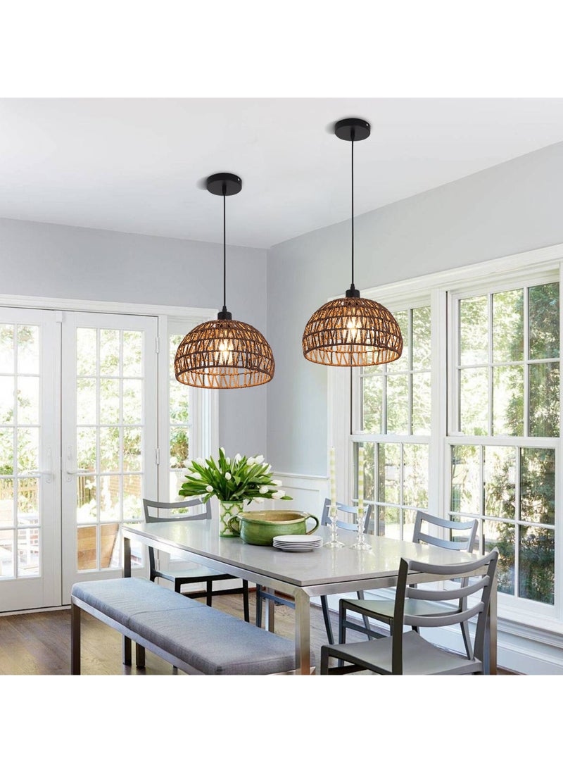 Ganeed - Boho Chandelier Light Fixture, Farmhouse Rattan Pendant Light, Woven Rope Lampshade Rustic Cage Hanging Lamp, E27 Semi Flush Mount Ceiling Light for Kitchen Island Living Dining Room Bedroom - Image 1