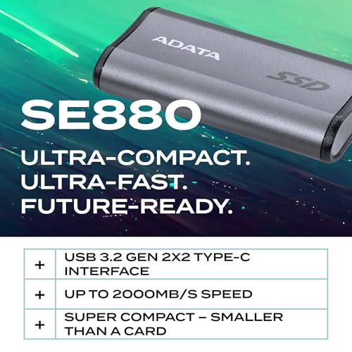 ADATA SE880 1TB External Solid State Drive/SSD, USB 3.2 Gen 2x2 Type-C, Fast Speeds of up to 2000 MB/s - AELI-SE880-1TCGY (Titanium Gray) - Image 2