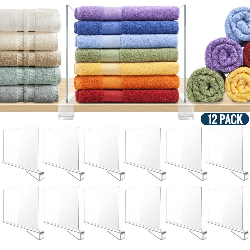 BAUMFEUER 12 Pack Clear Acrylic Shelf Dividers for Closet Shelf Organizer of Bedroom Kitchen Office Bathroom Organizer for Clothes Books Hats and Handbags - Image 1