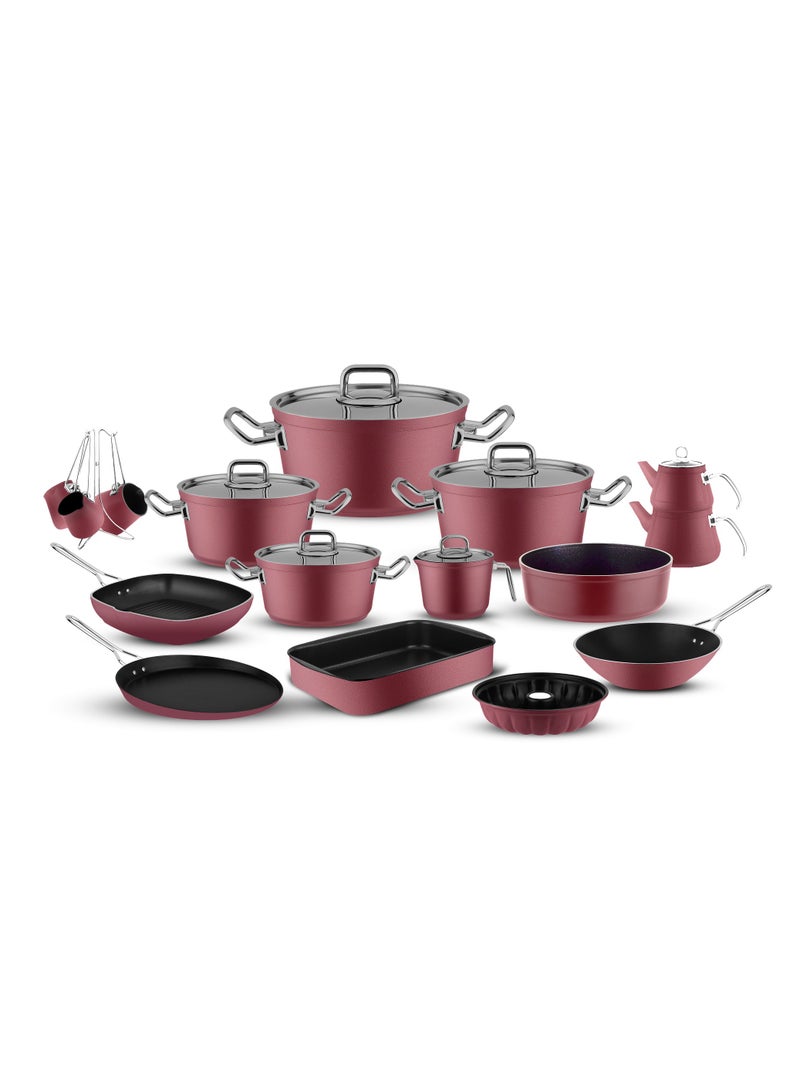 Turkish Tefal Granite Cookware Set by Lines – 24-Piece Set – Stainless Steel Lid – Suitable for all stovetops – Made in Turkey. Turkish Granite Cookware Set by Lines – 24-Piece Set – Sizes 18/20/24/28 cm + 26 cm Pan + 28 cm Wok + 16 cm Casserole Dish + 34.5 cm Oven Tray + 28 cm Grill Pan + Large Pot + Small Pot + 4 Stand Pots – Stainless Steel Lid – 8 Colors-Red Wood