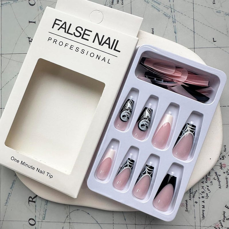 WULIUFLY Processed natural substance 24Pcs Halloween Press on Nails Square Medium Length Fake Nails French Skulls False Nails Full Cover Cute Acrylic Nails Black White Cobwebs Deigns Artificial Nails Glossy Glue on Nails for Women Trendy varied sizing alternatives - Image 2