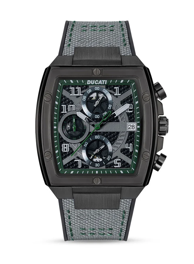 دوكاتي Ducati DT088 Chronograph Watch – Partial See-Through Dial, Black Screw-Detail Case, Green Accents, Leather Strap with Silicone Base, Water Resistant 50M