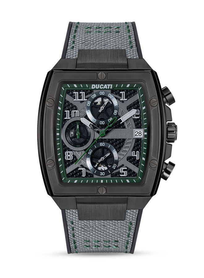 Ducati DT088 Chronograph Watch – Partial See-Through Dial, Black Screw-Detail Case, Green Accents, Leather Strap with Silicone Base, Water Resistant 50M - Image 1