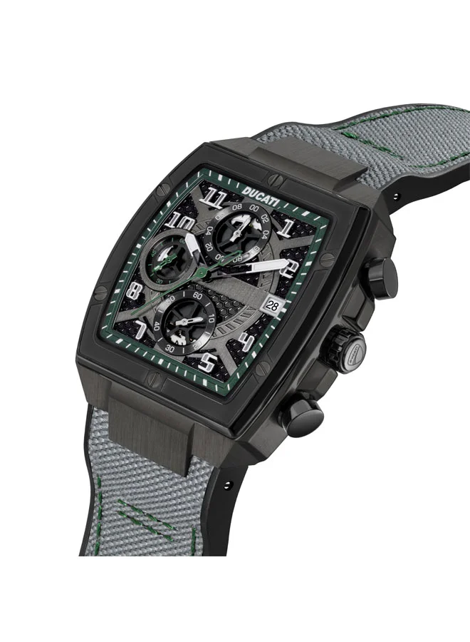 دوكاتي Ducati DT088 Chronograph Watch – Partial See-Through Dial, Black Screw-Detail Case, Green Accents, Leather Strap with Silicone Base, Water Resistant 50M