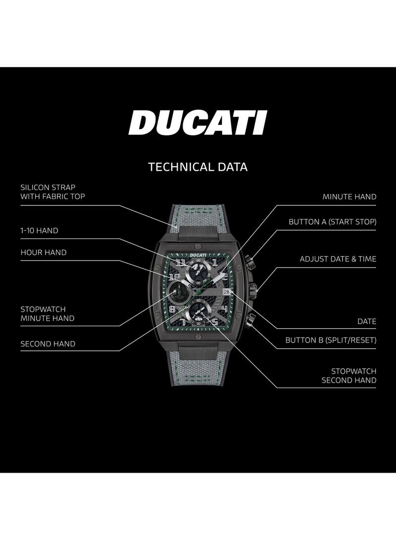 Ducati DT088 Chronograph Watch – Partial See-Through Dial, Black Screw-Detail Case, Green Accents, Leather Strap with Silicone Base, Water Resistant 50M - Image 4
