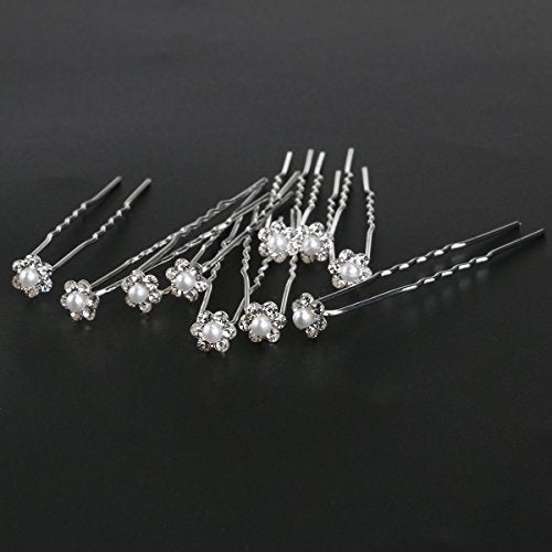 MANODHRUVA 24 Pcs of Flower Pearl Crystal Juda Hair Pins, Pearl Flower Crystal Hair Clips for Wedding, Bridal Hair Jewelry Hair Accessories, 24 Pcs, Silver Color - Image 5