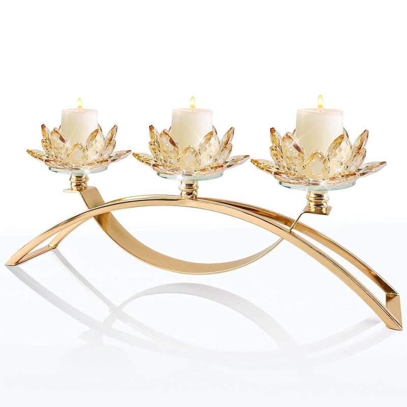 Tabletop Flower Crystal Candelabra with 3armDecorative Crystal Lotus Flower Candle HolderTable Dcor for Pillar candle15Gold