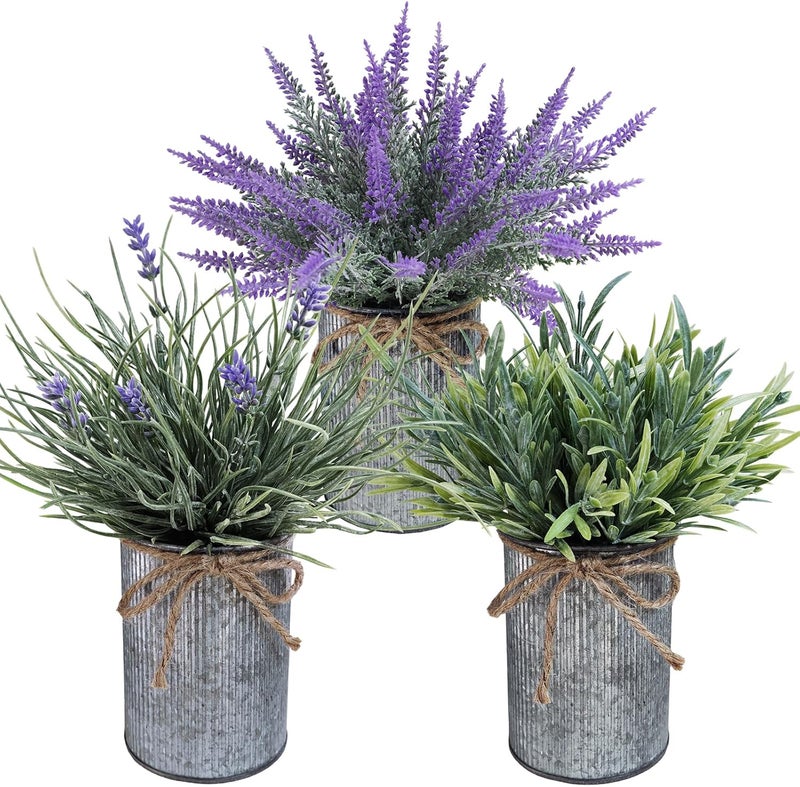 Winlyn 3 Pack Small Artificial Plants Lavender Flower Arrangements Faux Lavender Grass Rosemary Plants in Rustic Galvanized Metal Pots Rustic Home Decor 9 Tall for Farmhouse Table Kitchen Windowsill - Image 1