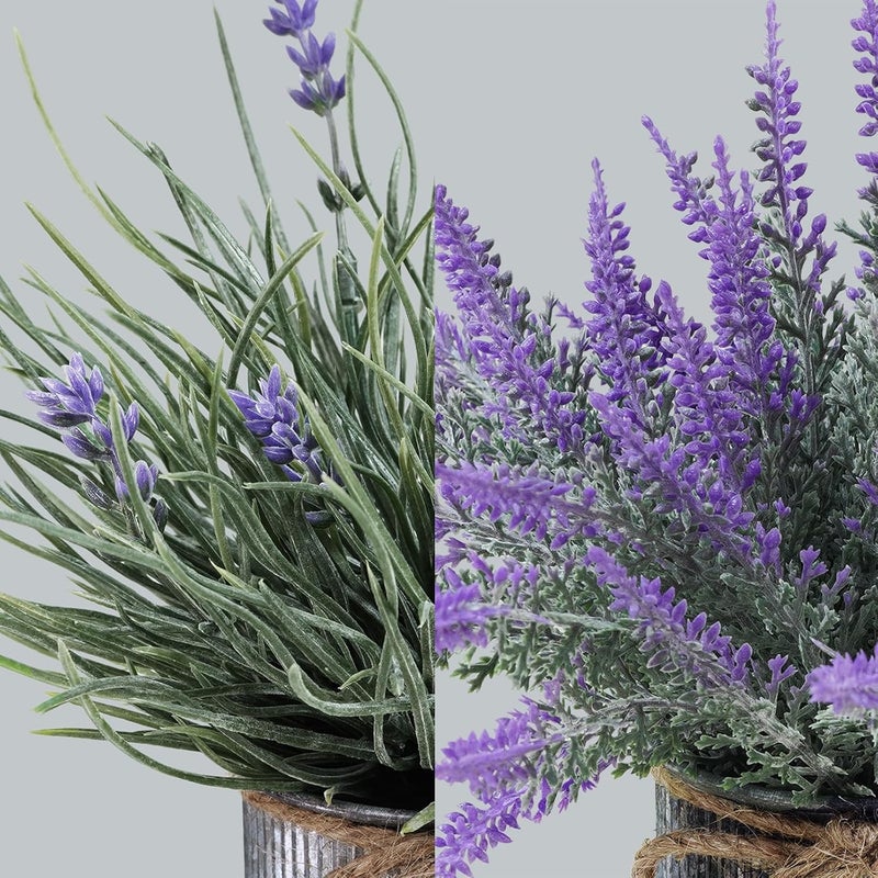 Winlyn 3 Pack Small Artificial Plants Lavender Flower Arrangements Faux Lavender Grass Rosemary Plants in Rustic Galvanized Metal Pots Rustic Home Decor 9 Tall for Farmhouse Table Kitchen Windowsill - Image 3