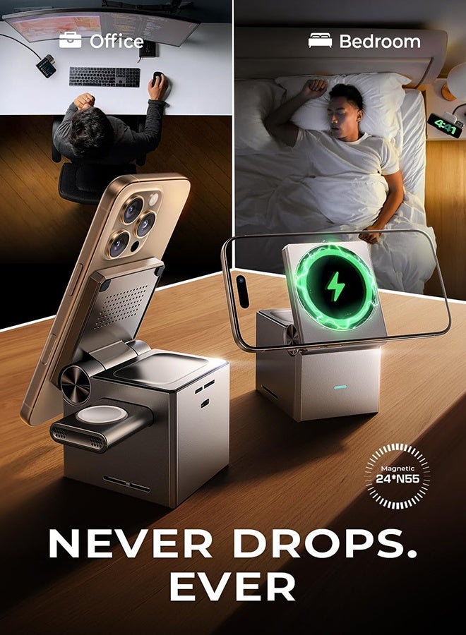 عام مكعب محطة شحن 3 في 1 لأجهزة متعددة من Apple، حامل شاحن محمول آمن قابل للتعديل، محطة شحن لاسلكية لهاتف iPhone، شاحن سفر لساعة iPhone 15 Pro Max - Image 4