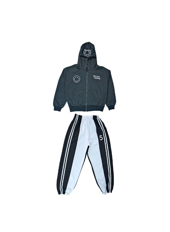 LITTLE SURPRISE BOX Casual Smiley Black & White Stripes 2Pcs Track Suit Set For Kids & Tweens