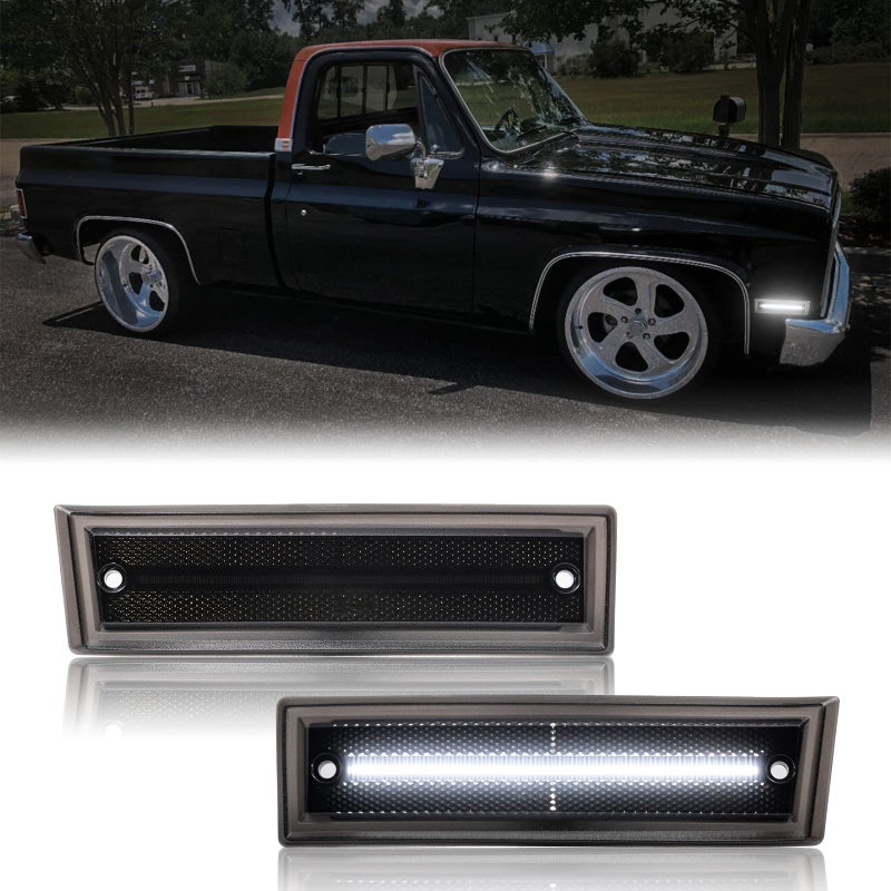 Mynoway Front LED Side Marker Lights Compatible with C/K C1500 C2500 C3500 C10 C20 C30 Pickup Suburban Blazer Jimmy 1981-1991, 2 PCS Side Fender Bumper White LED, Smoked Lens - Image 1