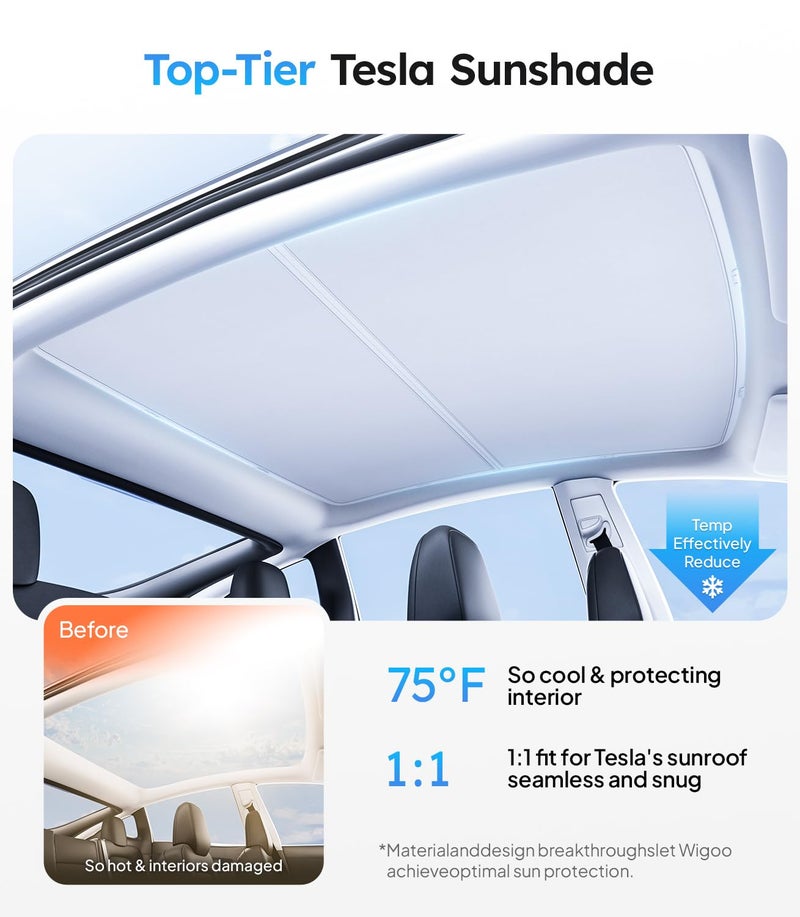 Wigoo Tesla Model Y Sunshade Roof [Never Sag, Nano Ice-Crystal Coatings] 3-Gen Heat Insulation Glass Roof Sun Shade, Accessories for Tesla Model Y 2020~2025, Tesla Interior Gray - Image 2