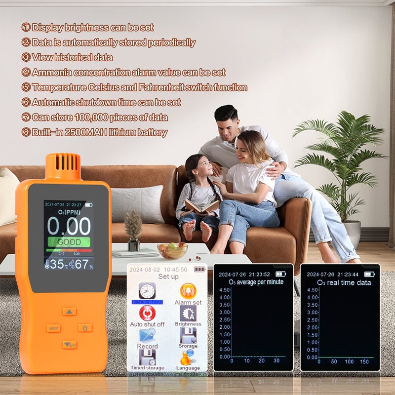 O3 Detector Analyzer Portable Outdoor Indoor Air Quality Meter Multifunctional Air Quality Monitor Temperature Humidity Gauge with Full Color LCD Screen Adjustable Alarm Threshold - Image 4