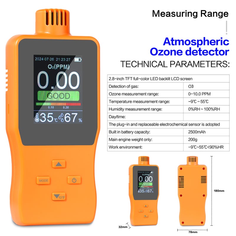 O3 Detector Analyzer Portable Outdoor Indoor Air Quality Meter Multifunctional Air Quality Monitor Temperature Humidity Gauge with Full Color LCD Screen Adjustable Alarm Threshold - Image 3