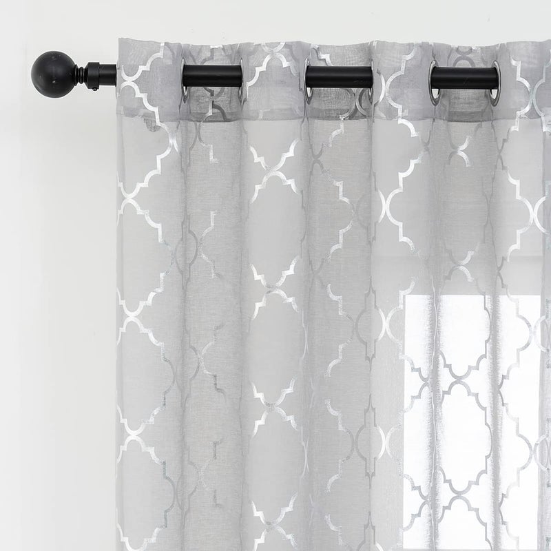 Kotile Silver Grey Sheer Curtains 84 Inches Long 2 Panels Metallic Silver Sheer Curtains for Living Room Bedroom Grommet Light Filtering Privacy Shimmer Sheer Window Curtains W52 x L84 Inch