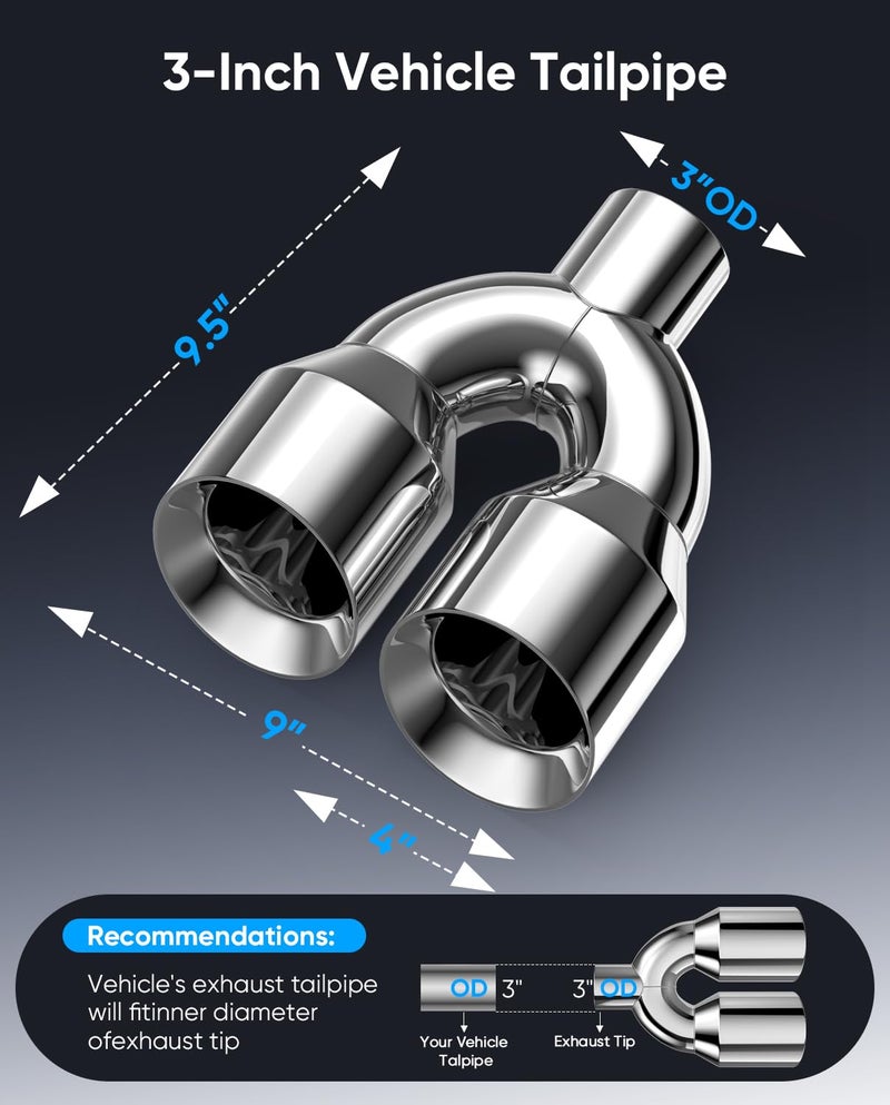 LYLCDDP 3" Dual Exhaust Tip,3inch Inlet 4inch outlet 9.5" Long Tail Pipe, Double Wall Polished Stainless Steel Exhaust Tip, Car Tailpipe - Image 2