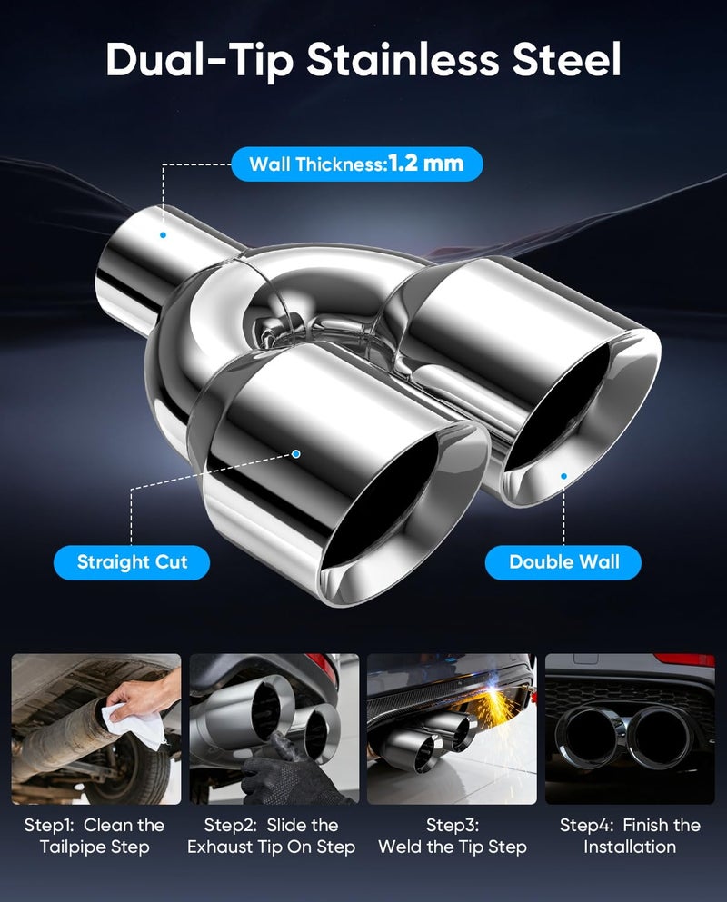 LYLCDDP 3" Dual Exhaust Tip,3inch Inlet 4inch outlet 9.5" Long Tail Pipe, Double Wall Polished Stainless Steel Exhaust Tip, Car Tailpipe - Image 4