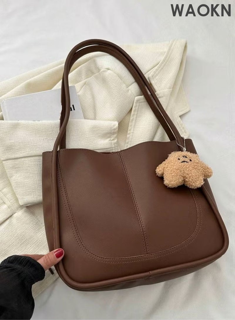 WAOKN Vintage large capacity shoulder bag, casual and simple fashion, commuting shoulder tote bag with small pendant, casual handbag, can be used for work, school, etc. (coffee color). - Image 1