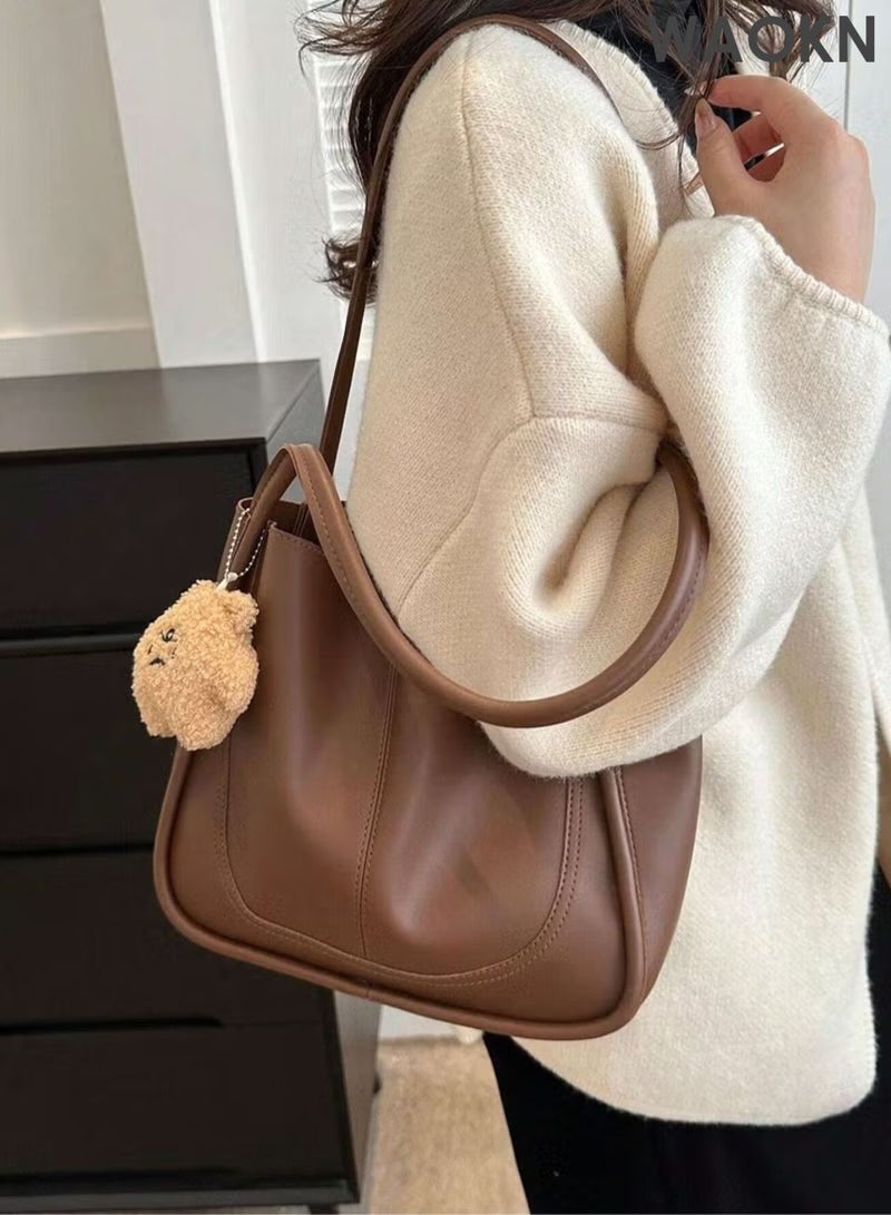 WAOKN Vintage large capacity shoulder bag, casual and simple fashion, commuting shoulder tote bag with small pendant, casual handbag, can be used for work, school, etc. (coffee color). - Image 2