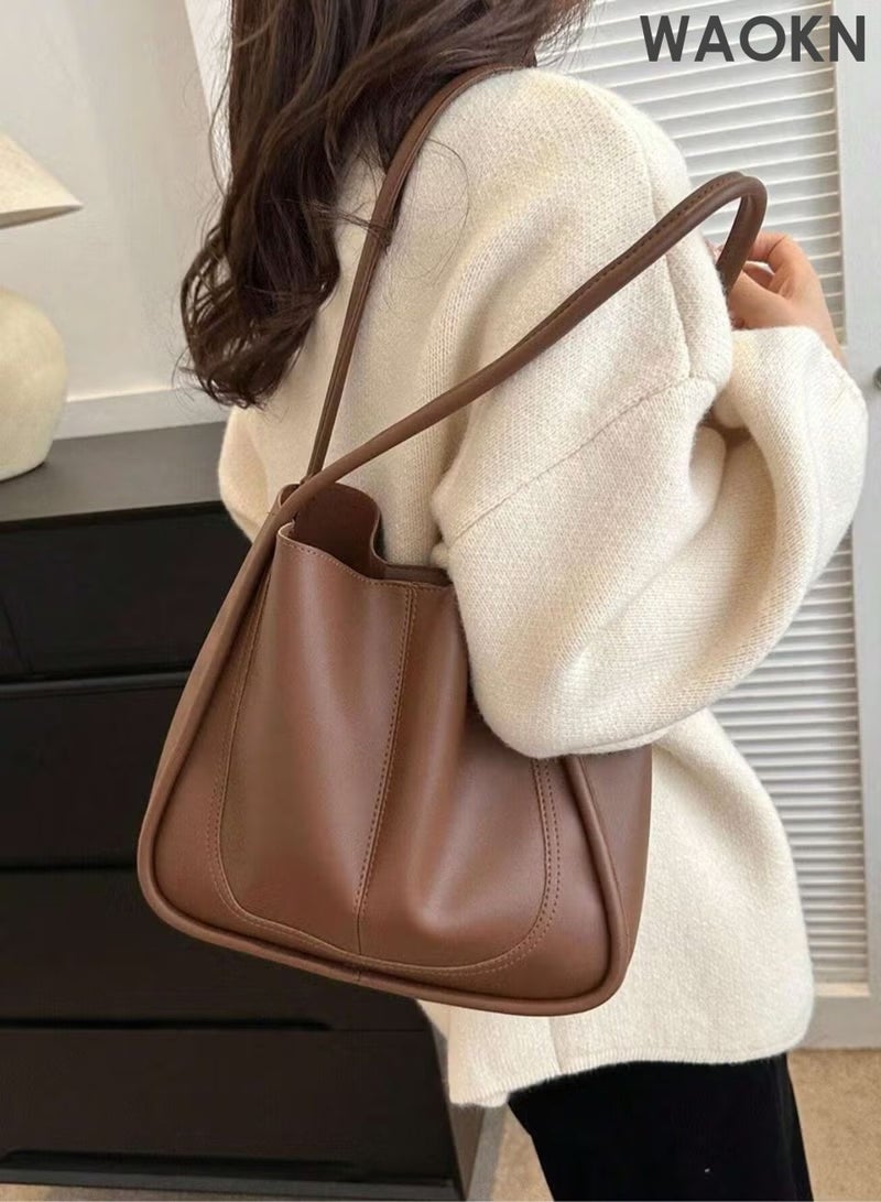 WAOKN Vintage large capacity shoulder bag, casual and simple fashion, commuting shoulder tote bag with small pendant, casual handbag, can be used for work, school, etc. (coffee color). - Image 5