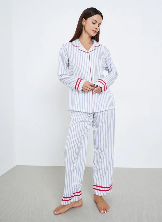 Styli Striped Contrast Trim Piping Shirt and Pyjama Set