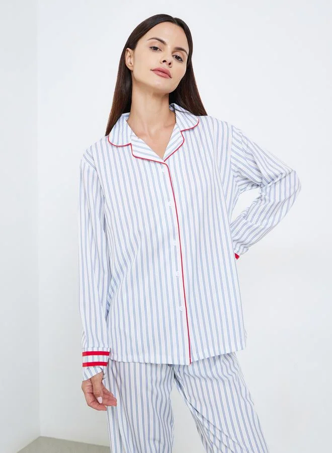 Styli Striped Contrast Trim Piping Shirt and Pyjama Set