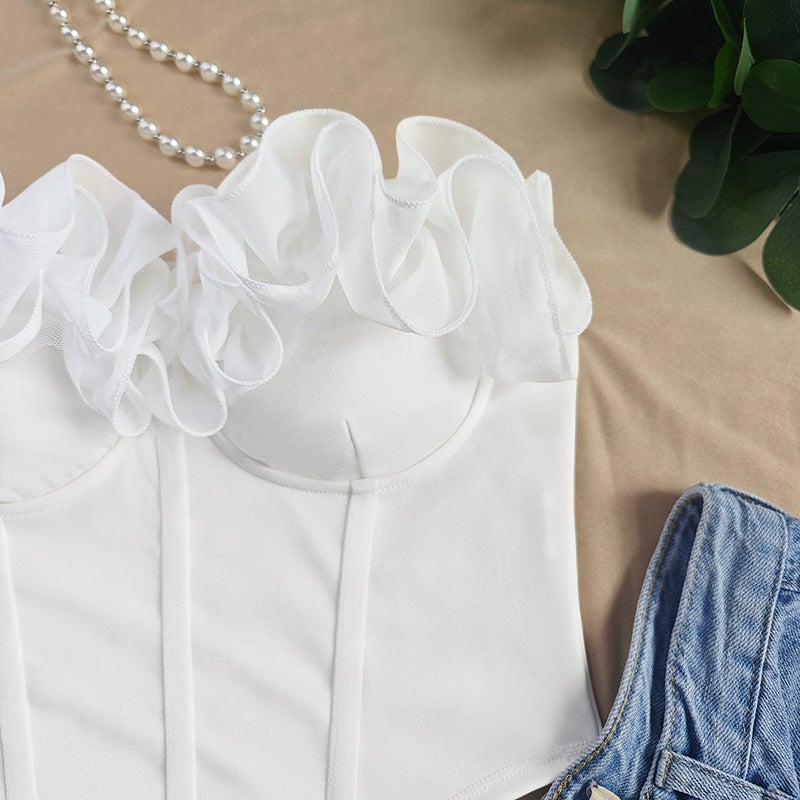 Sweet White French Vintage Petal Ruffle Strapless Tube Top Camisole - Image 4