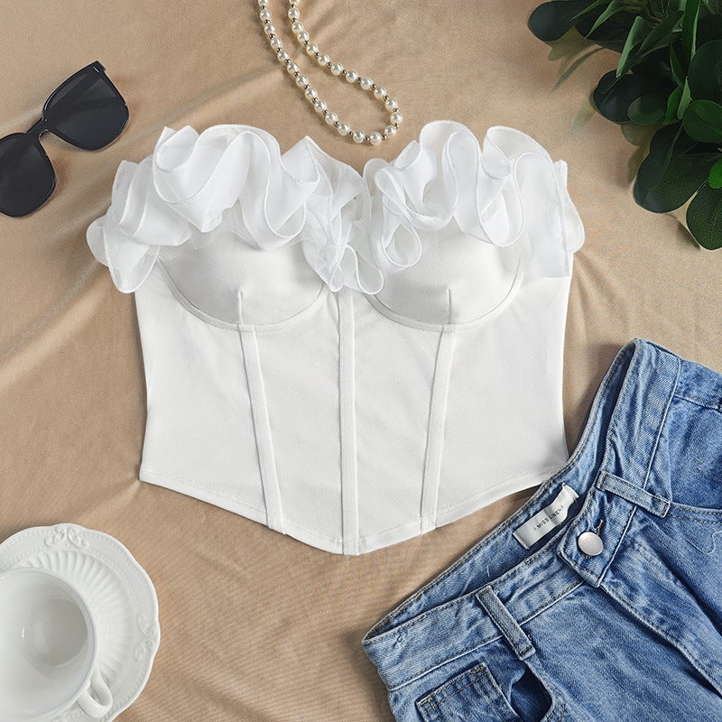 Sweet White French Vintage Petal Ruffle Strapless Tube Top Camisole - Image 1