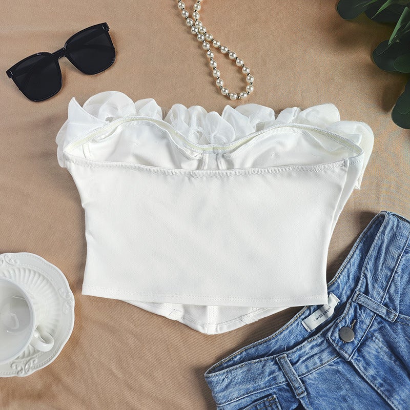 Sweet White French Vintage Petal Ruffle Strapless Tube Top Camisole - Image 3